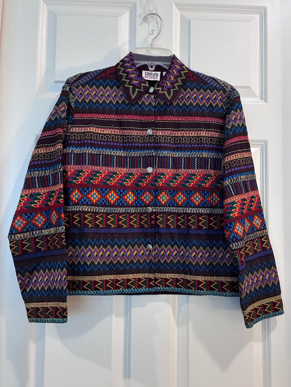 Chico's‎ Multicolor Embroidered Shirt Jacket in Burgundy Base